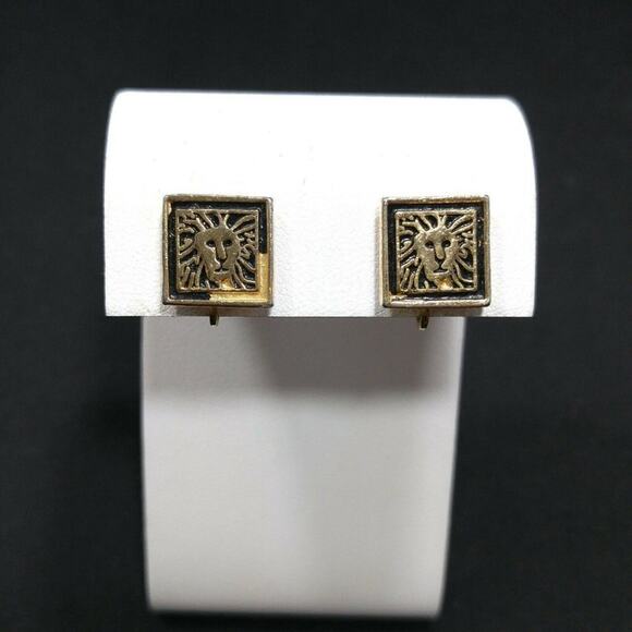Vintage Anne Klein Classic Logo Lion Clip On Earrings Distressed Black Enamel - Picture 1 of 6